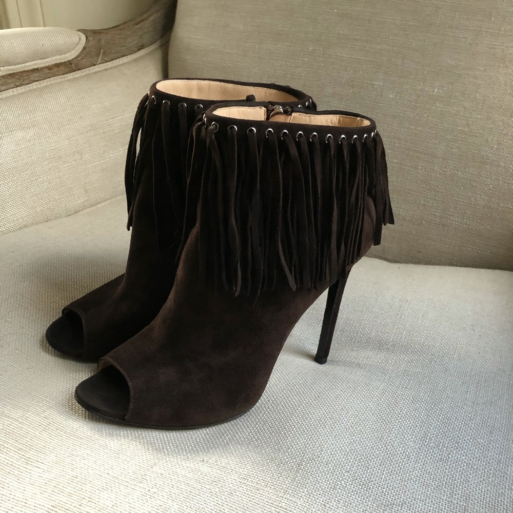 Prada Ankle Boots Suede Brown Heels Fringe Zipper US 9